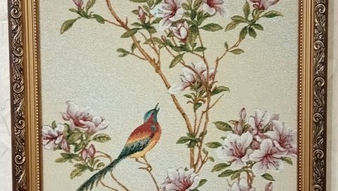 Обои картина, цветущая сакура, райская птица, гобелен, picture, cherry blossoms, bird of paradise разрешение 2000x4160 Загрузить