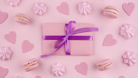 Обои фон, розовый, подарок, печенье, безе, macarons, меренги, background, pink, gift, cookies, meringue разрешение 5804x3874 Загрузить
