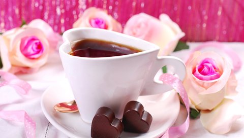 Обои розы, кофе, конфеты, розовые, лента, сердечки, roses, coffee, candy, pink, tape, hearts разрешение 3872x2592 Загрузить