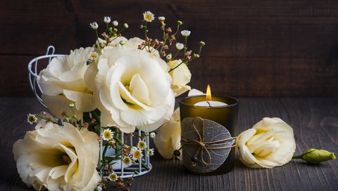 Обои цветы, букет, свеча, композиция, эустома, irina bort, лизиантус, flowers, bouquet, candle, composition, eustoma разрешение 4256x2832 Загрузить