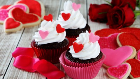 Обои розы, день святого валентина, любовь, кексы, сердца, крем, сладкое, печенье, выпечка, десерт, глазурь, roses, valentine's day, love, cupcakes, heart, cream, sweet, cookies, cakes, dessert, glaze разрешение 3888x2592 Загрузить