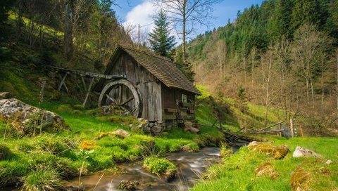 Обои трава, природа, ручей, мельница, водяная мельница, grass, nature, stream, mill, water mill разрешение 3000x2000 Загрузить