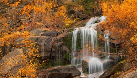 Обои деревья, скала, водопад, осень, калифорния, каскад, eastern sierra, trees, rock, waterfall, autumn, ca, cascade разрешение 2000x1292 Загрузить