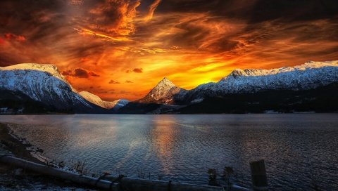 Обои горы, закат, море, mountains, sunset, sea разрешение 3840x2160 Загрузить