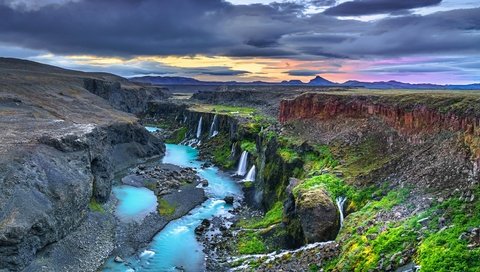 Обои река, водопад, каньон, исландия, водопады, высокогорье, sigoldugljufur, river, waterfall, canyon, iceland, waterfalls, highlands разрешение 3840x2160 Загрузить