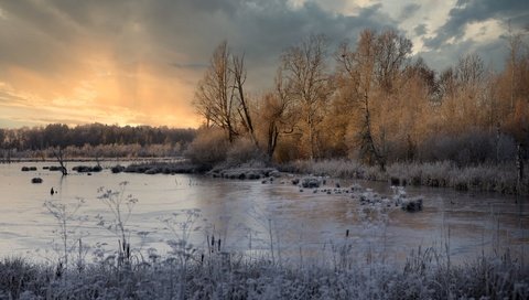 Обои небо, пасмурно, трава, изморозь, облака, деревья, озеро, лес, зима, иней, the sky, overcast, grass, clouds, trees, lake, forest, winter, frost разрешение 2048x1366 Загрузить