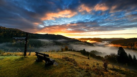 Обои река, закат, туман, скамья, river, sunset, fog, bench разрешение 3840x2160 Загрузить