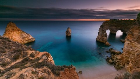 Обои скалы, природа, берег, закат, пейзаж, океан, португалия, алгарве, rocks, nature, shore, sunset, landscape, the ocean, portugal, algarve разрешение 3000x1766 Загрузить