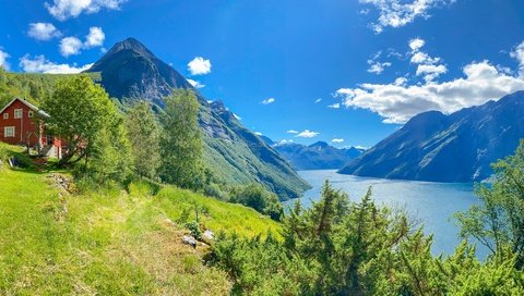 Обои деревья, норддалсфьорд, norddalsfjorden, горы, eidsdal, панорама, дом, норвегия, сарай, норвегии, фьорд, эйдсдал, trees, mountains, panorama, house, norway, the barn, the fjord разрешение 9400x3124 Загрузить