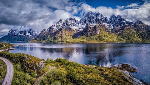 Обои дорога, горы, норвегия, лофотенские острова, фьорд, нурланн, road, mountains, norway, the lofoten islands, the fjord, nordland разрешение 2610x1250 Загрузить