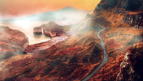 Обои дорога, море, скала, туман, осень, арка, road, sea, rock, fog, autumn, arch разрешение 2880x1800 Загрузить