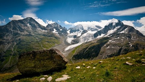 Обои облака, горы, природа, камни, швейцария, альпы, граубюнден, clouds, mountains, nature, stones, switzerland, alps, grisons разрешение 4095x2720 Загрузить