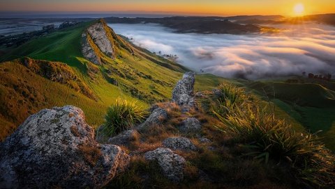 Обои горы, восход, утро, туман, рассвет, новая зеландия, mountains, sunrise, morning, fog, dawn, new zealand разрешение 2048x1229 Загрузить