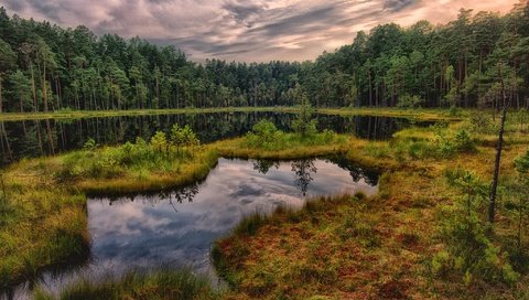 Обои небо, водоем, облака, островок, озеро, берег, лес, отражение, пейзаж, осень, the sky, pond, clouds, island, lake, shore, forest, reflection, landscape, autumn разрешение 2048x1364 Загрузить