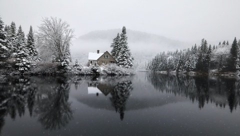 Обои озеро, зима, дом, lake, winter, house разрешение 3072x1728 Загрузить