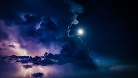 Обои тучи, молния, луна, гроза, clouds, lightning, the moon, the storm разрешение 2500x1667 Загрузить