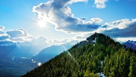 Обои небо, sulphur mountain, гора салфер, природа, лес, пейзаж, гора, высота, канада, национальный парк банф, the sky, nature, forest, landscape, mountain, height, canada, banff national park разрешение 3840x2160 Загрузить