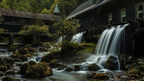 Обои камни, австрия, речка, водопады, потоки воды, верхняя австрия, roßleithen, рослайтен, stones, austria, river, waterfalls, water flows, upper austria разрешение 2048x1152 Загрузить