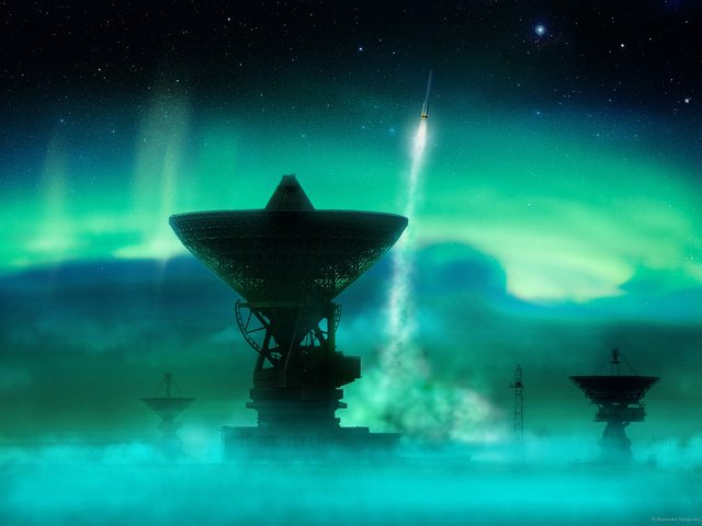 Обои северное сияние, ракета, антенна, northern lights, rocket, antenna разрешение 1920x1200 Загрузить