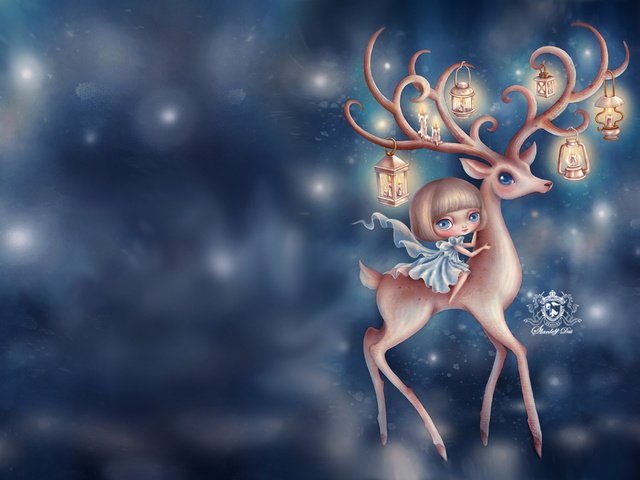 Обои олень, синий, девочка, deer, blue, girl разрешение 1920x1200 Загрузить