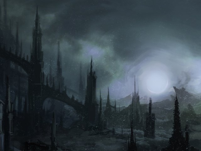 Обои арт, ночь, снег, мрак, готика, шпили, art, night, snow, the darkness, gothic, spires разрешение 1920x1080 Загрузить