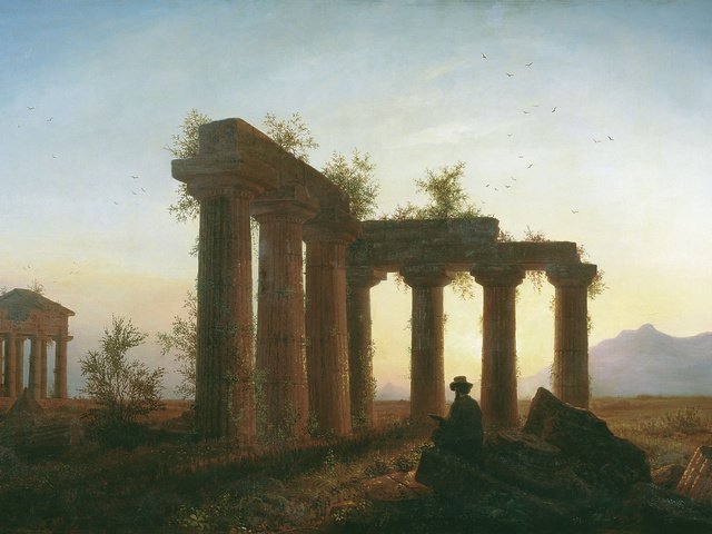 Обои развалины, закат солнца, человек, живопись, греческий храм, the ruins, sunset, people, painting, greek temple разрешение 1955x1300 Загрузить