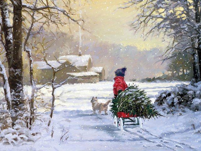 Обои елка, зима, собака, ребенок, tree, winter, dog, child разрешение 1920x1200 Загрузить