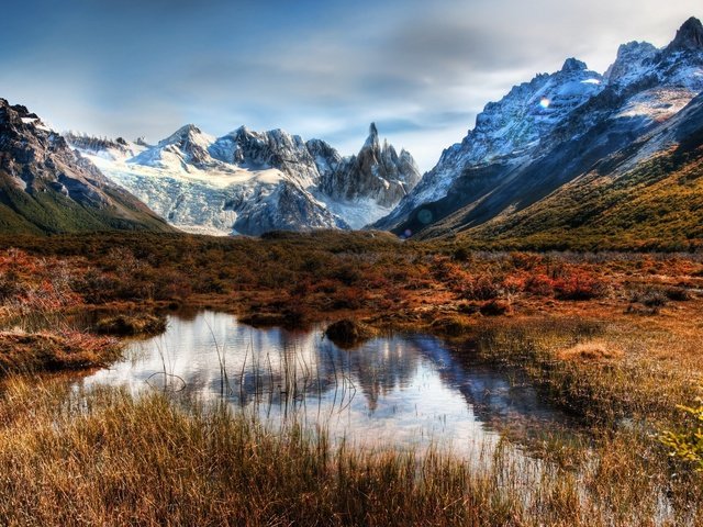 Обои трава, горы, лужа, hdr, grass, mountains, puddle разрешение 2560x1600 Загрузить