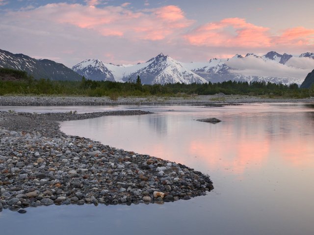 Обои небо, на природе, облака, река, горы, природа, камни, пейзаж, аляска, the sky, clouds, river, mountains, nature, stones, landscape, alaska разрешение 2000x1333 Загрузить