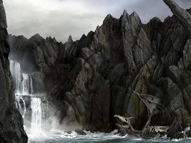 Обои скалы, море, водопад, дракон, скелет, rocks, sea, waterfall, dragon, skeleton разрешение 2100x1680 Загрузить