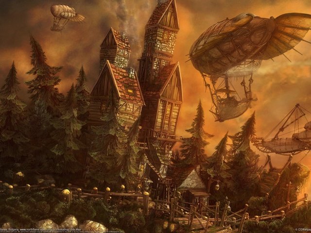 Обои замок, ognian bonev, the outpost, дирижабли, castle, airships разрешение 1920x1200 Загрузить