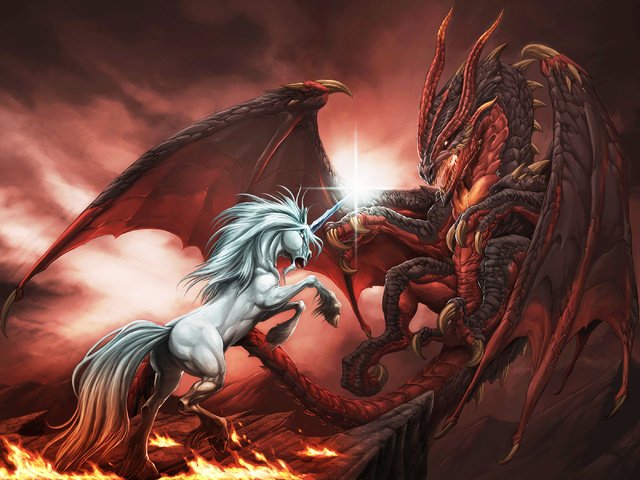 Обои дракон, бой, рисунки, единорог, mythology, огненная, dragon, battle, drawings, unicorn, fire разрешение 2800x2100 Загрузить