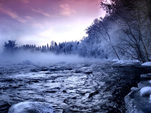 Обои река, снег, лес, зима, туман, пар, river, snow, forest, winter, fog, couples разрешение 1920x1200 Загрузить
