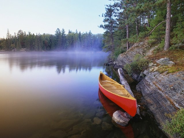 Обои озеро, лес, лодка, каноэ, lake, forest, boat, canoeing разрешение 1920x1200 Загрузить