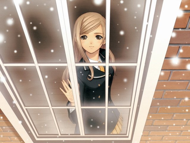 Обои снег, зима, аниме, окно. девушка, snow, winter, anime, window. girl разрешение 2006x1491 Загрузить