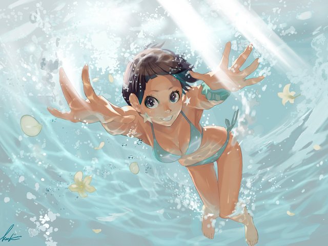 Обои вода, настроение, море, аниме, девочка, water, mood, sea, anime, girl разрешение 2000x1415 Загрузить