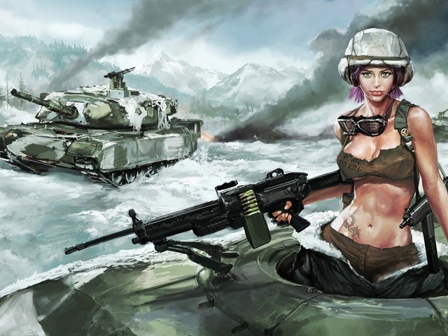 Обои снег, девушка, танк, пулемет, snow, girl, tank, machine gun разрешение 1920x1200 Загрузить