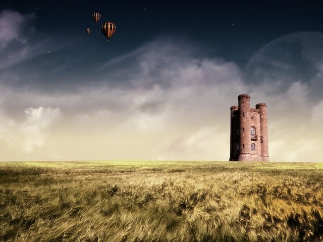 Обои поле, планета, горизонт, замок, воздушный шар, field, planet, horizon, castle, balloon разрешение 1920x1080 Загрузить