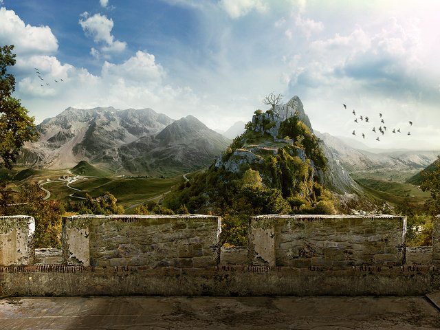 Обои небо, горы, деревня, стена, руины, птицы, балкон, the sky, mountains, village, wall, ruins, birds, balcony разрешение 1920x1050 Загрузить