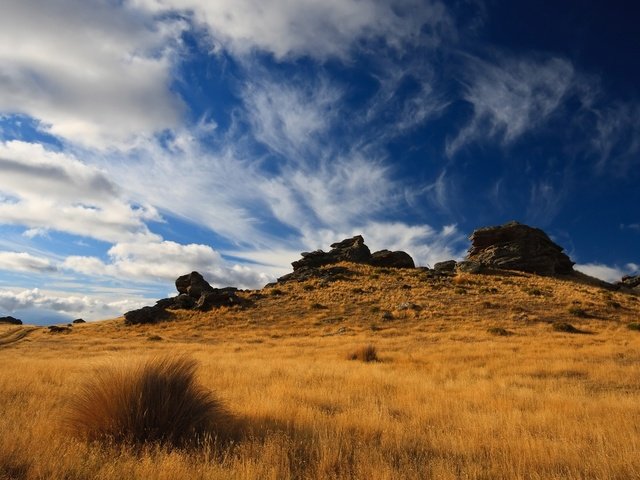 Обои небо, холмы, природа, камни, растения, пейзаж, поле, травы, the sky, hills, nature, stones, plants, landscape, field, grass разрешение 1920x1200 Загрузить