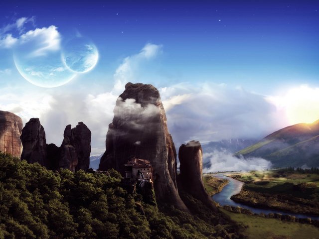 Обои горы, пейзаж, фантастика, планеты, монастырь, mountains, landscape, fiction, planet, the monastery разрешение 2560x1600 Загрузить