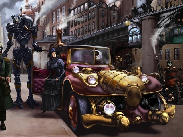 Обои люди, город, улица, машины, стимпанк, старый город, people, the city, street, machine, steampunk, old town разрешение 1920x1080 Загрузить