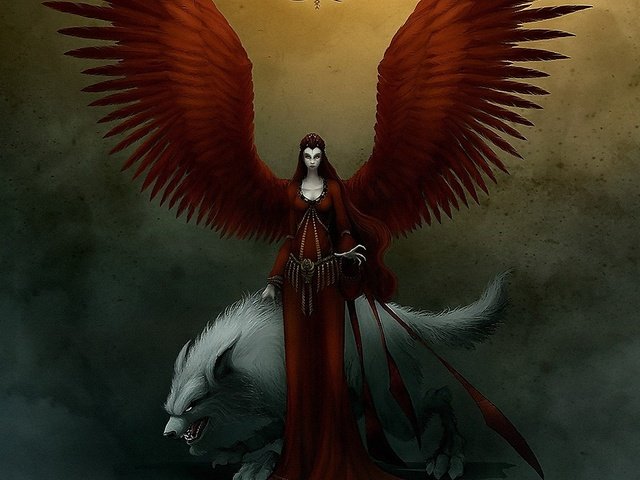 Обои девушка, крылья, ангел, волк, оборотень, существо, girl, wings, angel, wolf, werewolf, being разрешение 1920x1200 Загрузить