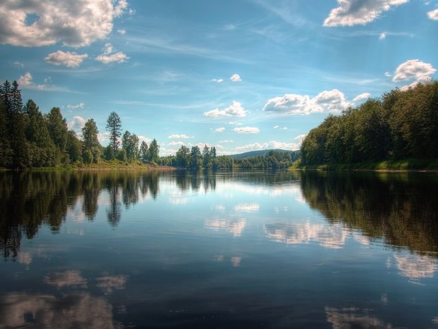 Обои небо, облака, деревья, озеро, природа, отражение, пейзаж, the sky, clouds, trees, lake, nature, reflection, landscape разрешение 2560x1600 Загрузить