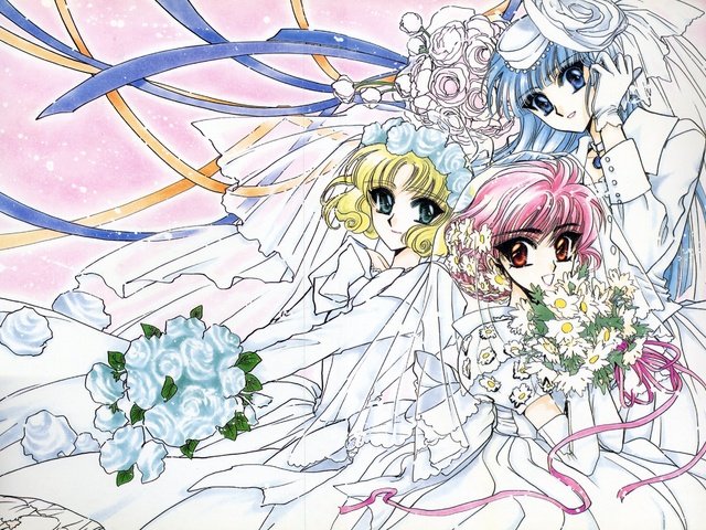 Обои венчание, clamp, hoouji fuu, magic knight rayearth, ryuuzaki umi, shidou hikaru, wedding разрешение 4035x2980 Загрузить
