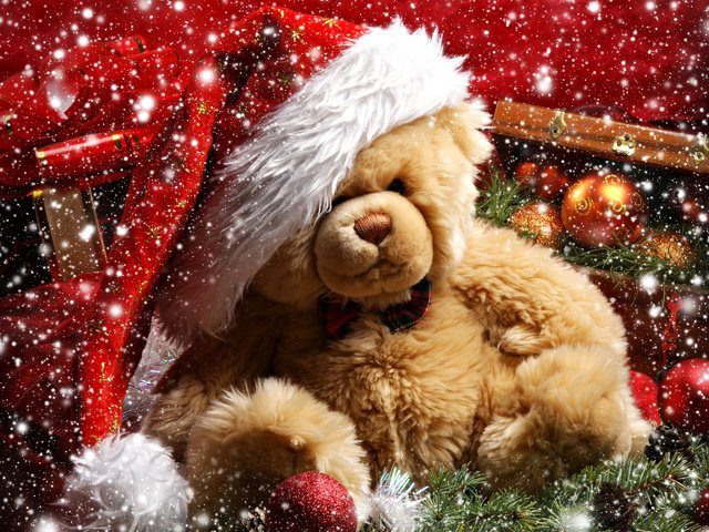 Обои плюшевый медведь, снег, новый год, шары, украшения, мишка, шишка, подарок, ветка елки, teddy bear, snow, new year, balls, decoration, bear, bump, gift, christmas tree branch разрешение 2560x2188 Загрузить