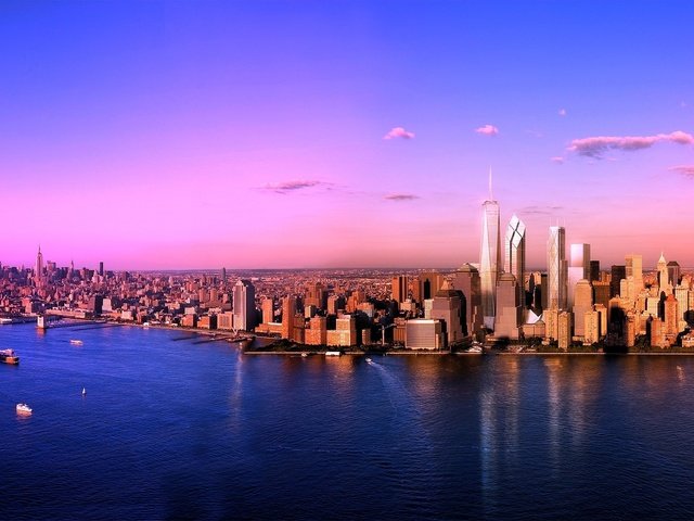 Обои город, небоскребы, океан, the city, skyscrapers, the ocean разрешение 2560x1123 Загрузить
