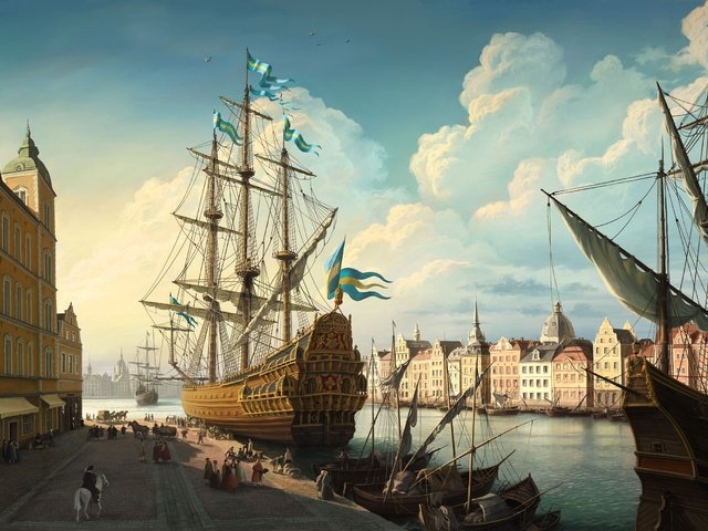 Обои рисунок, корабль, парусник, причал, figure, ship, sailboat, pier разрешение 3000x1709 Загрузить