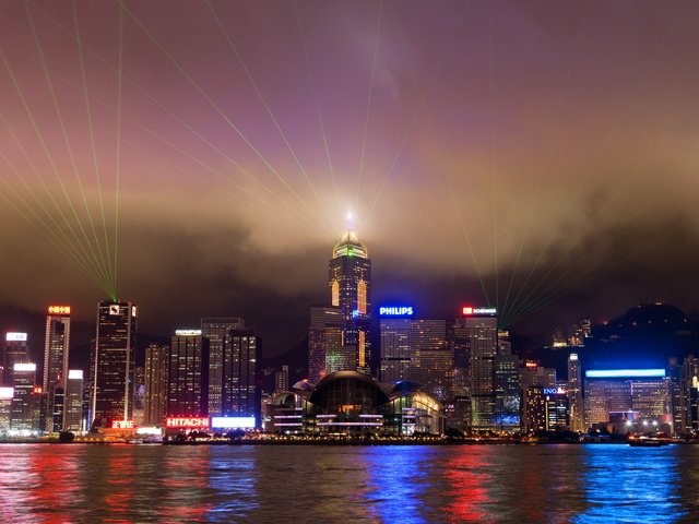 Обои огни, вода, небоскребы, гонконг, lights, water, skyscrapers, hong kong разрешение 5345x3563 Загрузить