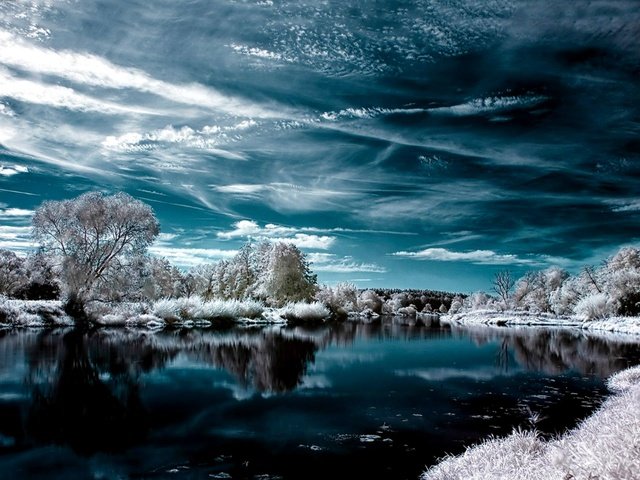 Обои деревья, озеро, снег, зима, отражение, иней, trees, lake, snow, winter, reflection, frost разрешение 2000x1500 Загрузить